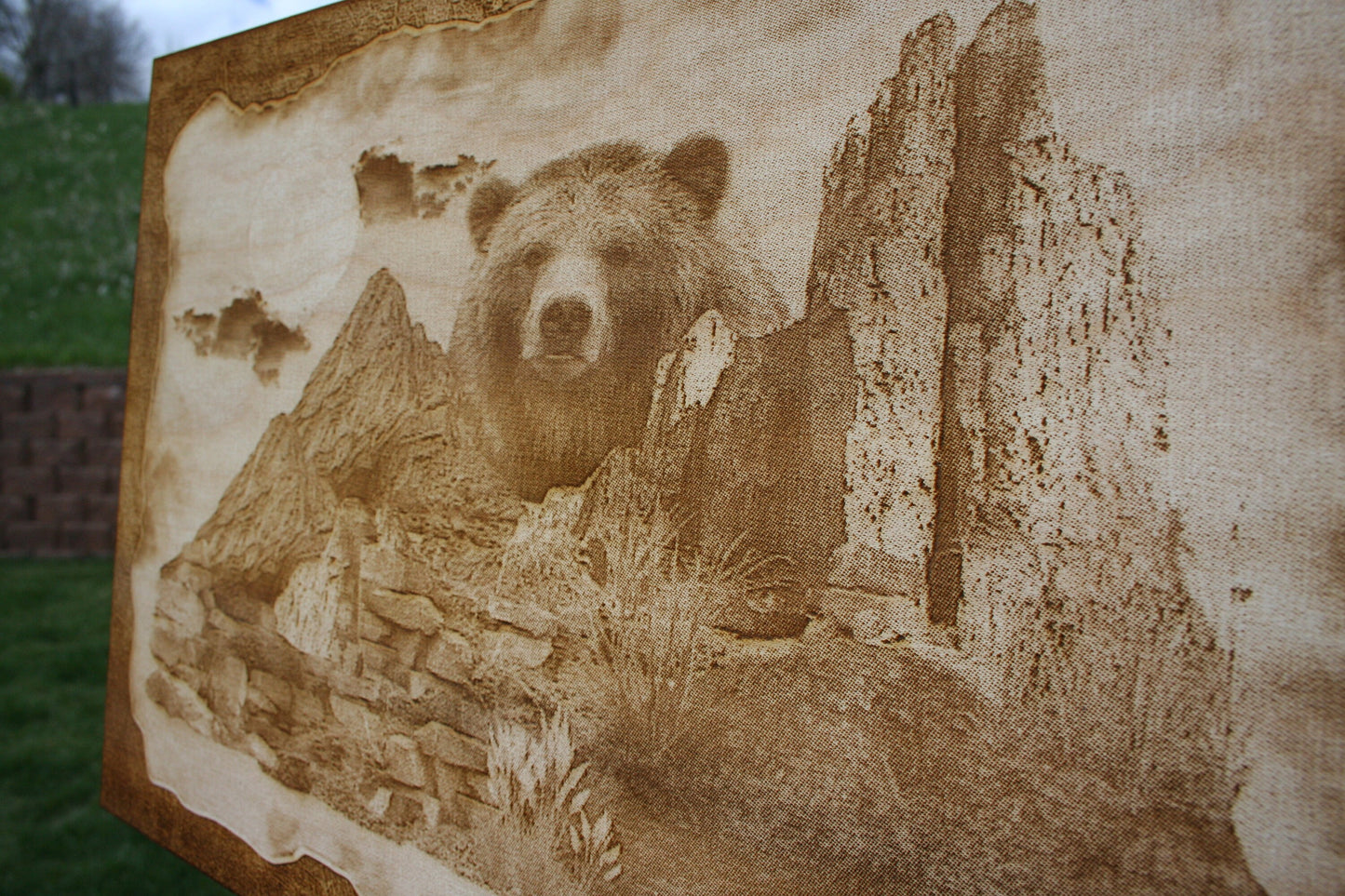Grizzly Bear Looking Over The Mountains - Laser Engraved Wall Art / Wall Decor (Great For Nature Lovers)