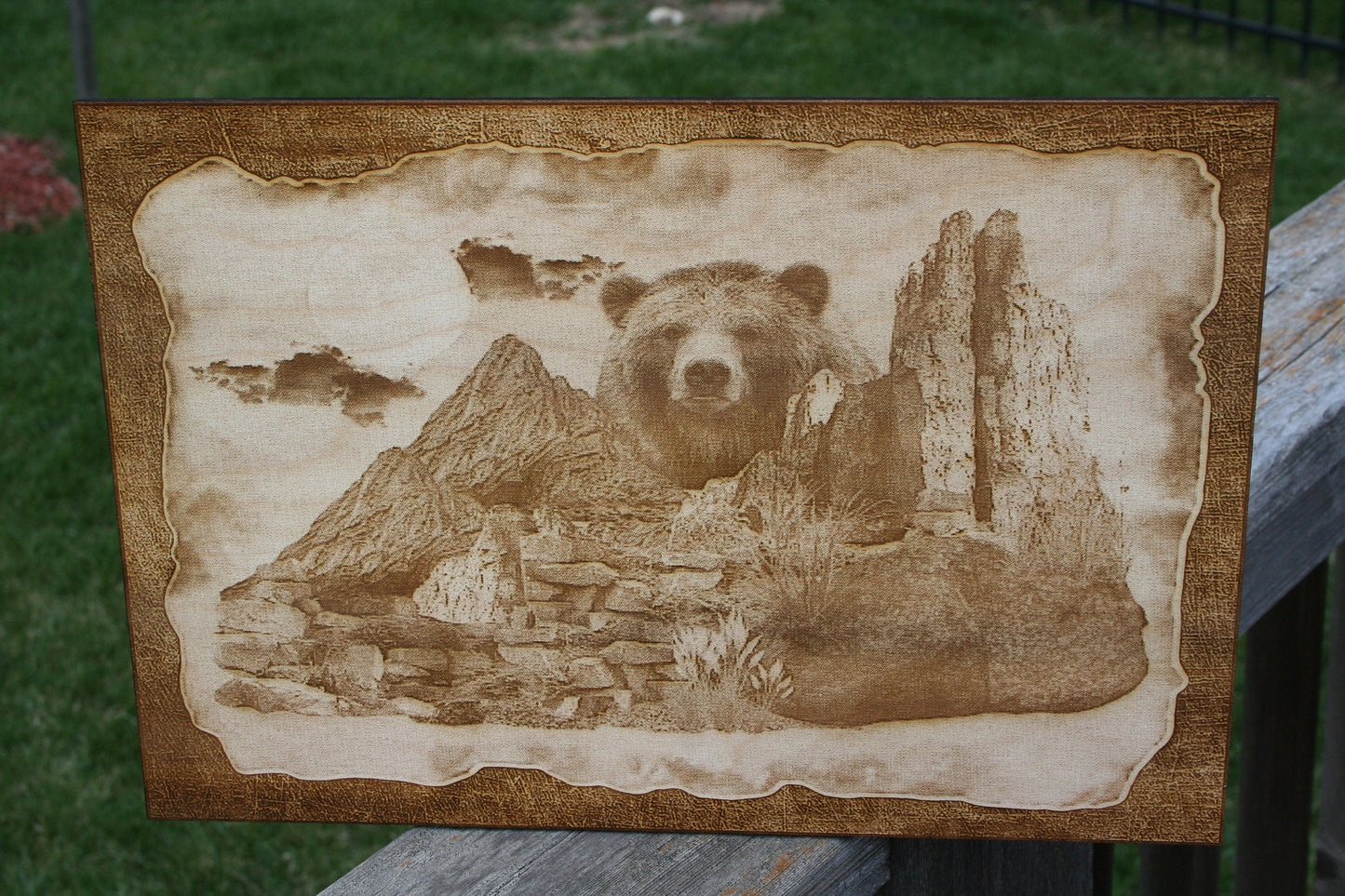 Grizzly Bear Looking Over The Mountains - Laser Engraved Wall Art / Wall Decor (Great For Nature Lovers)