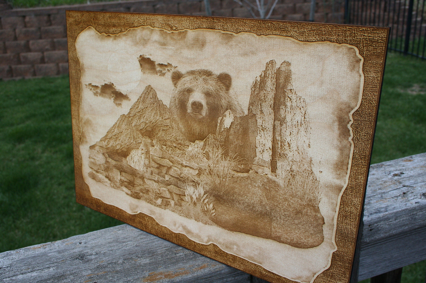 Grizzly Bear Looking Over The Mountains - Laser Engraved Wall Art / Wall Decor (Great For Nature Lovers)