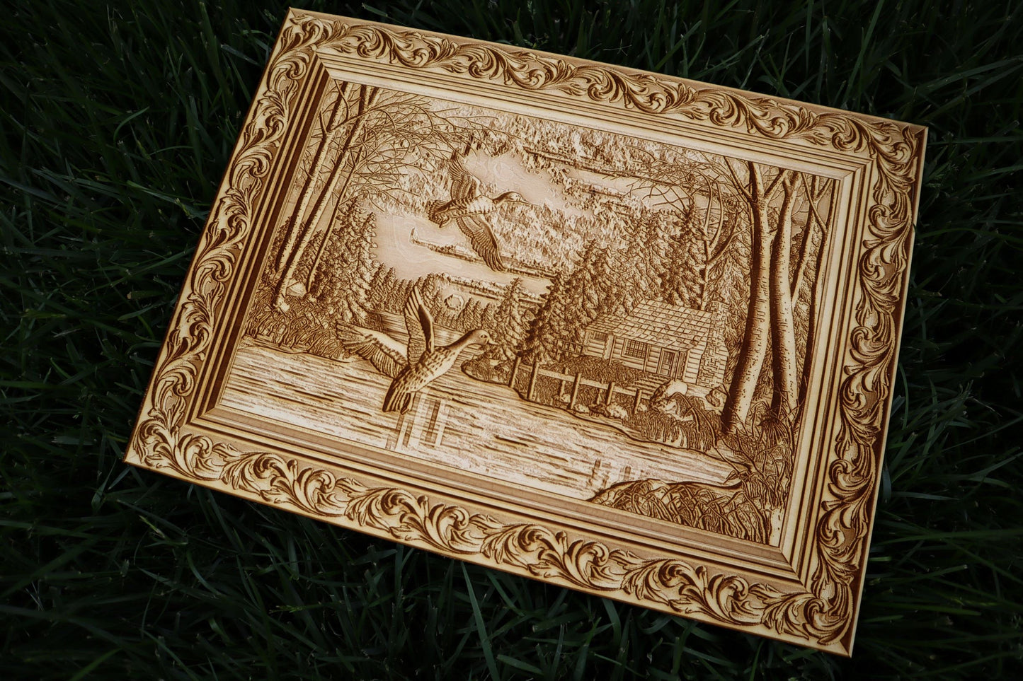 Ducks, Lake & Cabin - Laser Engraved Wall Art / Wall Decor (Great Gift for a Hunter)