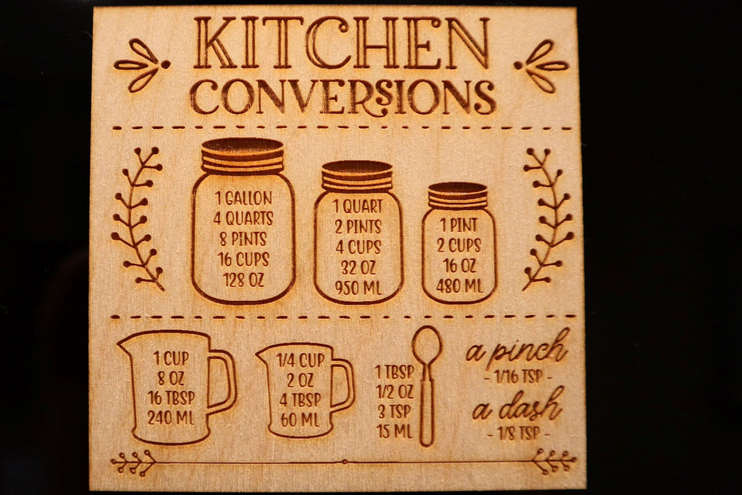 Kitchen Measurements Conversion Chart Refrigerator Magnet - Laser Engraved Kitchen Decor