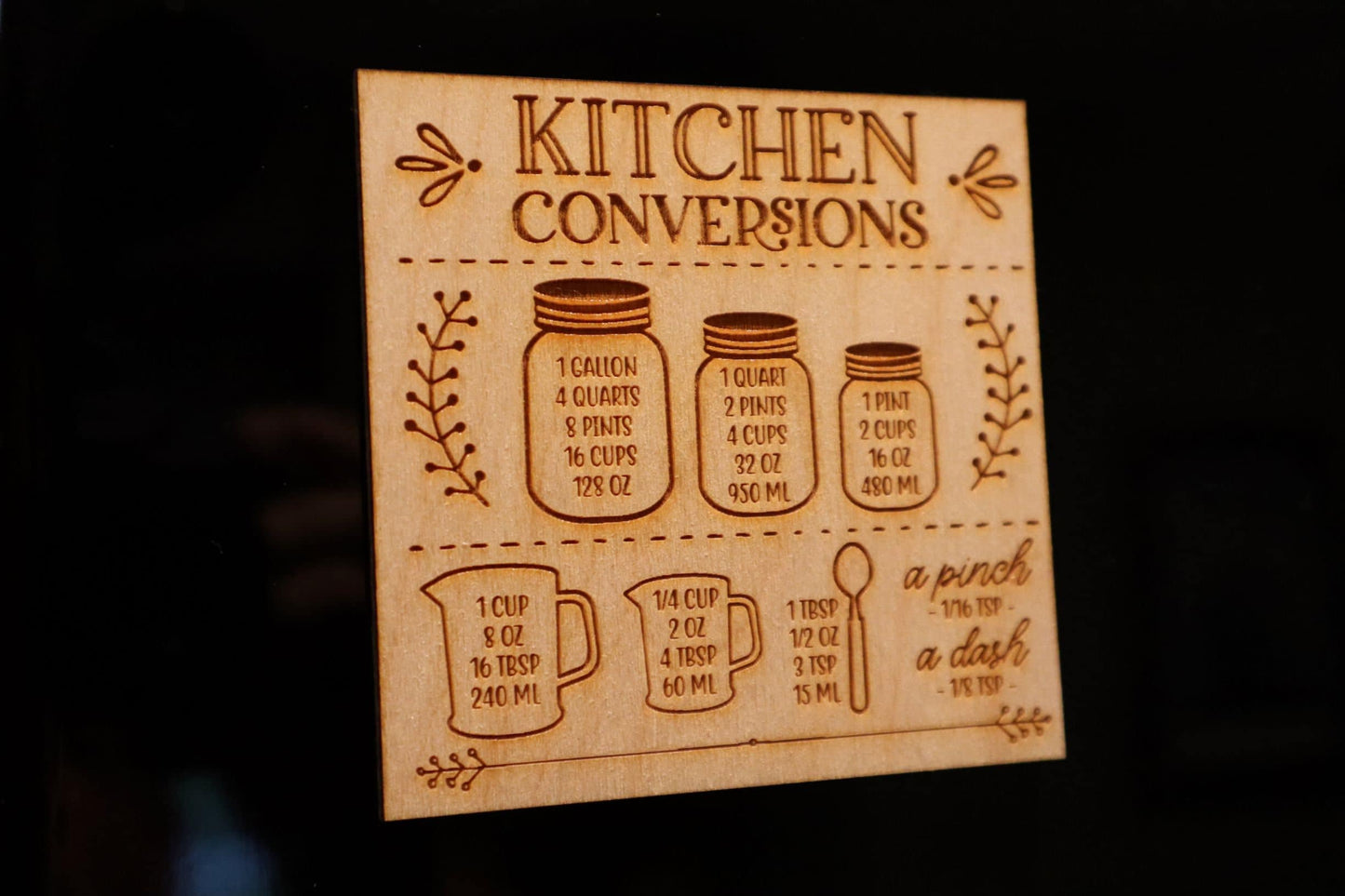 Kitchen Measurements Conversion Chart Refrigerator Magnet - Laser Engraved Kitchen Decor