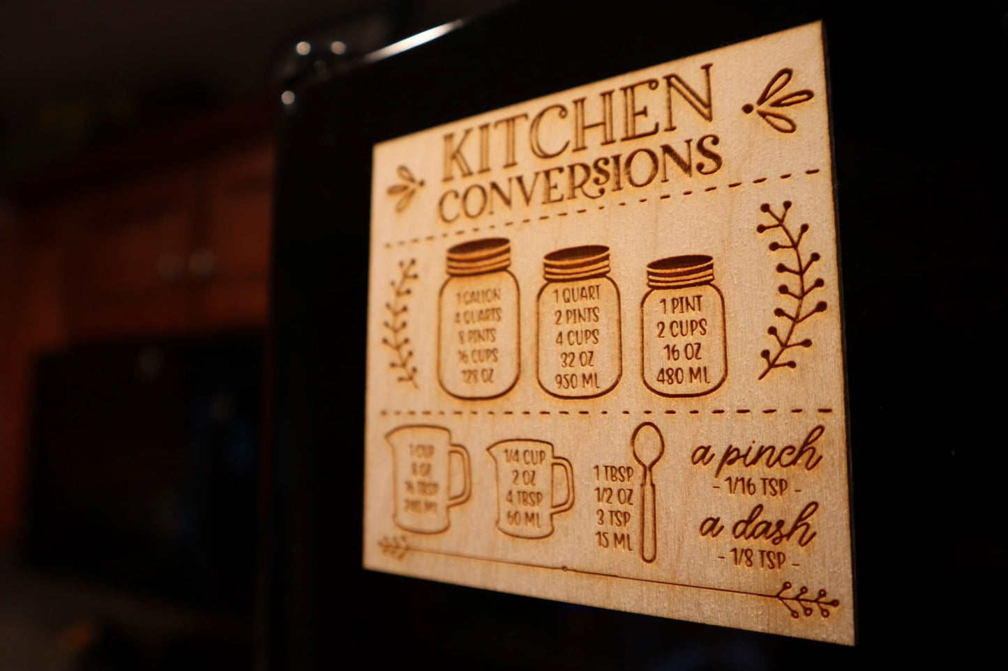Kitchen Measurements Conversion Chart Refrigerator Magnet - Laser Engraved Kitchen Decor