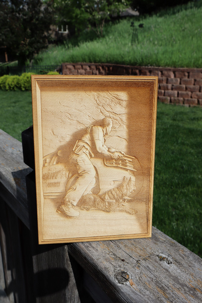 Police Officer with His K9 Partner - Back the Blue! Laser Engraved Wall Art on Baltic Birch - 23 Skidoo Laser Gifts