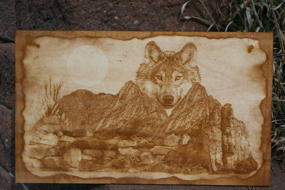 Wolf & Mountain Laser Engraved Wall Art - 23 Skidoo Laser Gifts