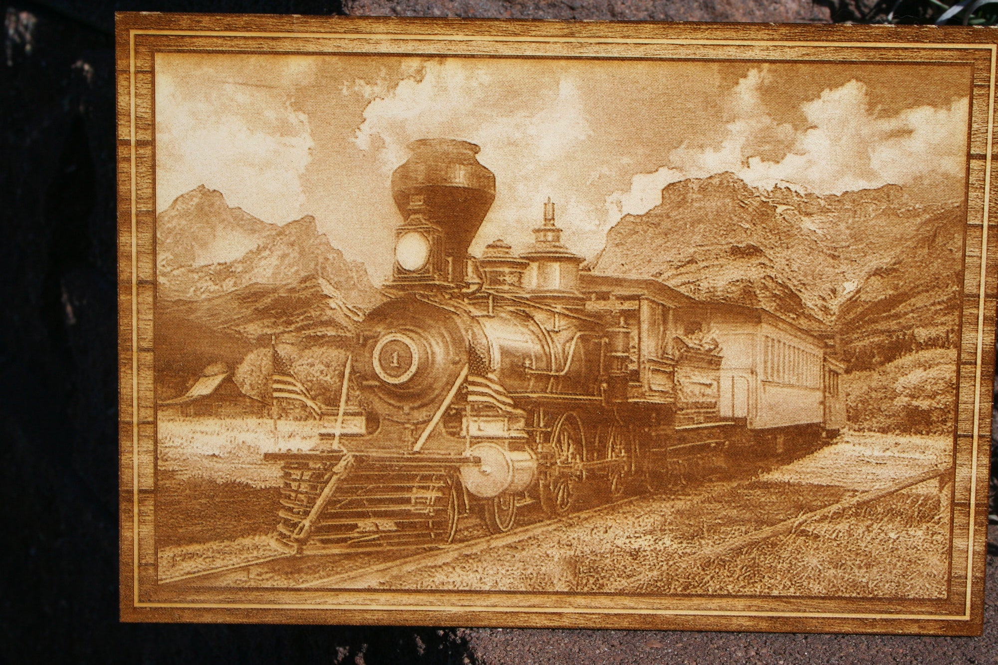 Steam Train moving through a Mountain Pass - Laser Engraved Wall Decor on Baltic Birch (10 x 7 Inches) - 23 Skidoo Laser Gifts