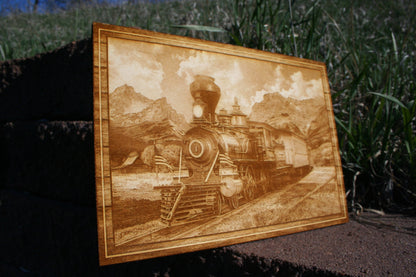 Steam Train moving through a Mountain Pass - Laser Engraved Wall Decor on Baltic Birch (10 x 7 Inches) - 23 Skidoo Laser Gifts