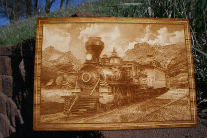 Steam Train moving through a Mountain Pass - Laser Engraved Wall Decor on Baltic Birch (10 x 7 Inches) - 23 Skidoo Laser Gifts