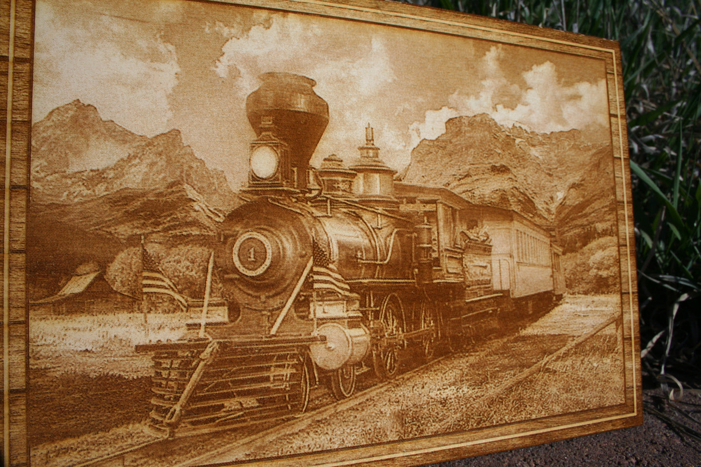 Steam Train moving through a Mountain Pass - Laser Engraved Wall Decor on Baltic Birch (10 x 7 Inches) - 23 Skidoo Laser Gifts