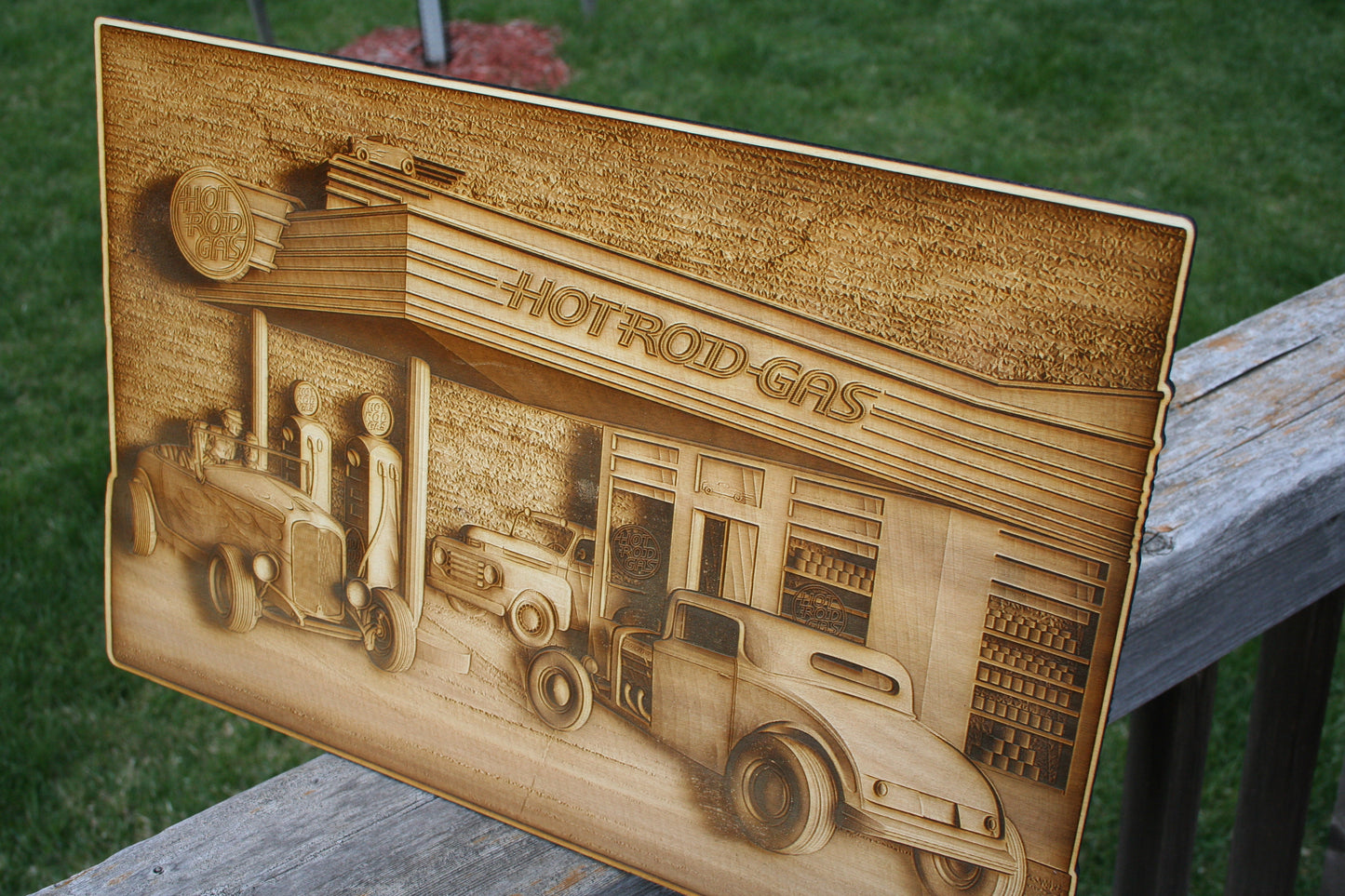 Hot Rod Gas Station - Laser Engraved Wall Decor / Wall Art - 23 Skidoo Laser Gifts