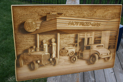 Hot Rod Gas Station - Laser Engraved Wall Decor / Wall Art - 23 Skidoo Laser Gifts