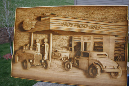 Hot Rod Gas Station - Laser Engraved Wall Decor / Wall Art - 23 Skidoo Laser Gifts