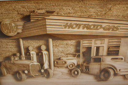 Hot Rod Gas Station - Laser Engraved Wall Decor / Wall Art - 23 Skidoo Laser Gifts