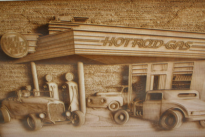 Hot Rod Gas Station - Laser Engraved Wall Decor / Wall Art - 23 Skidoo Laser Gifts