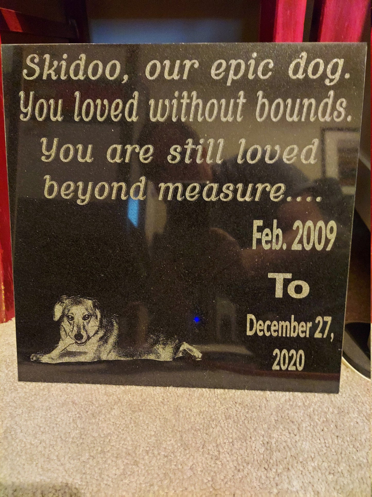 Granite Pet Memorial 12x12 Absolute Black Granite Tile Custom Engraved. Made in the USA