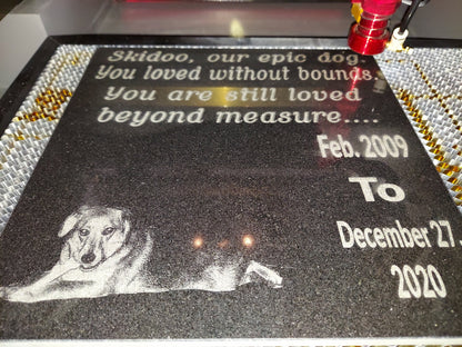 Granite Pet Memorial 12x12 Absolute Black Granite Tile Custom Engraved. Made in the USA