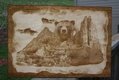 Grizzly Bear Looking Over The Mountains - Laser Engraved Wall Art / Wall Decor (Great For Nature Lovers)