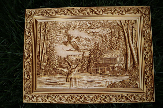 Ducks, Lake & Cabin - Laser Engraved Wall Art / Wall Decor (Great Gift for a Hunter)